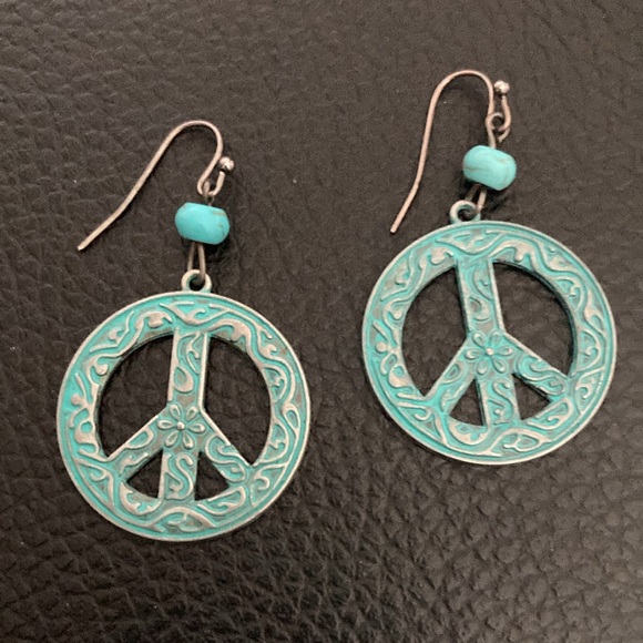 Peace Love Sign Symbol Round Antique Vintage Bronze Turquoise Colored Earrings - Picture 3 of 8